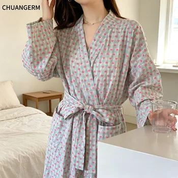 CHUANGERM Women Sweet Plaid Long Sleeve V‑Neck Lace Up Loose Medium‑Long Robe Comfortable…