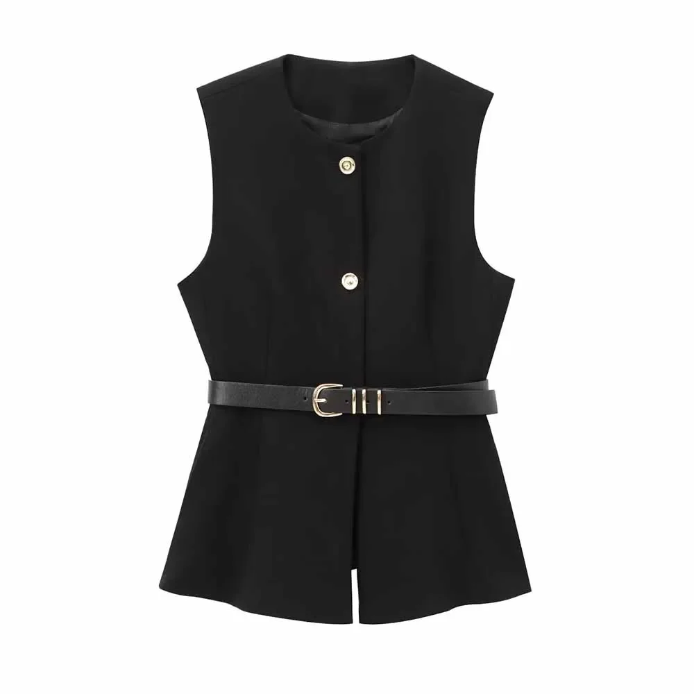 Women's new fashion belt decoration Black casual slim single breasted O Neck vest retro sleeveless women's vest chic top