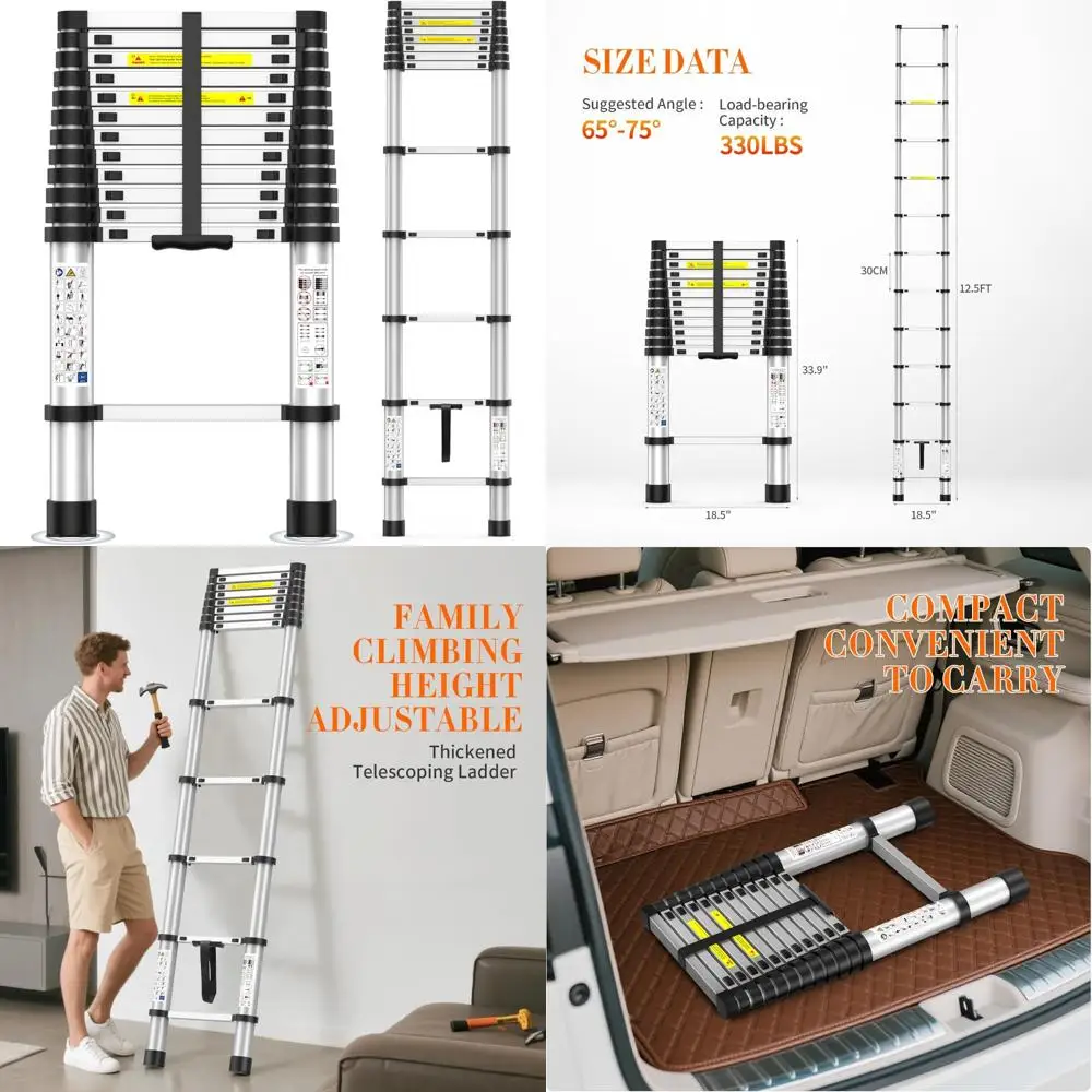 

Aluminum Telescoping Ladder 12.5FT Heavy-Duty, 330lb Capacity with Anti-Slip Steps for Attic and Roof Access