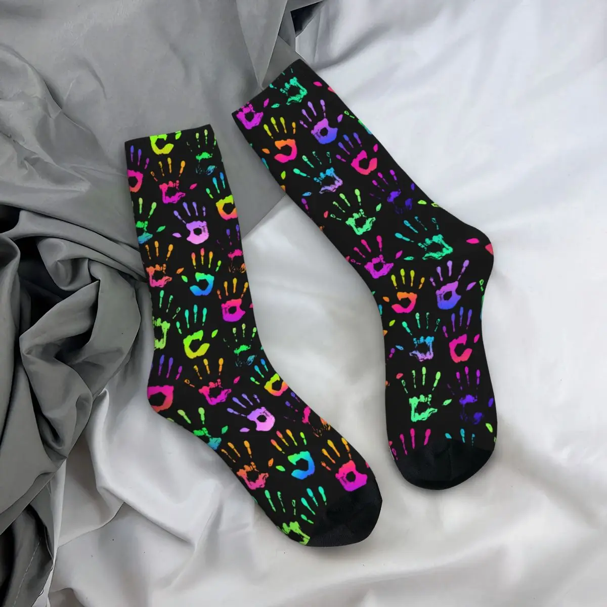 Casual Hip Hop Graffiti Rainbow Handprints Theme Sports Crew Socks Merch All Seasons Warm Middle Tube Socks Non-slip