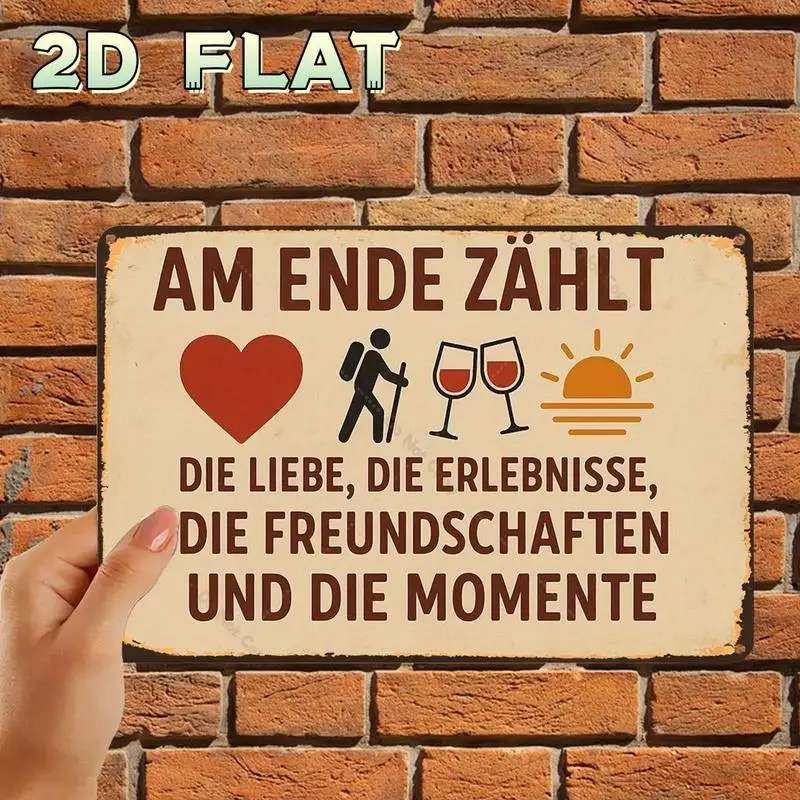 2D Flat,1pc,Retro VintageVintage German Motivational Sign with Heart Hiking Wine Sunset DesignMetal Tin Sign, Pre-Drilled Holes,
