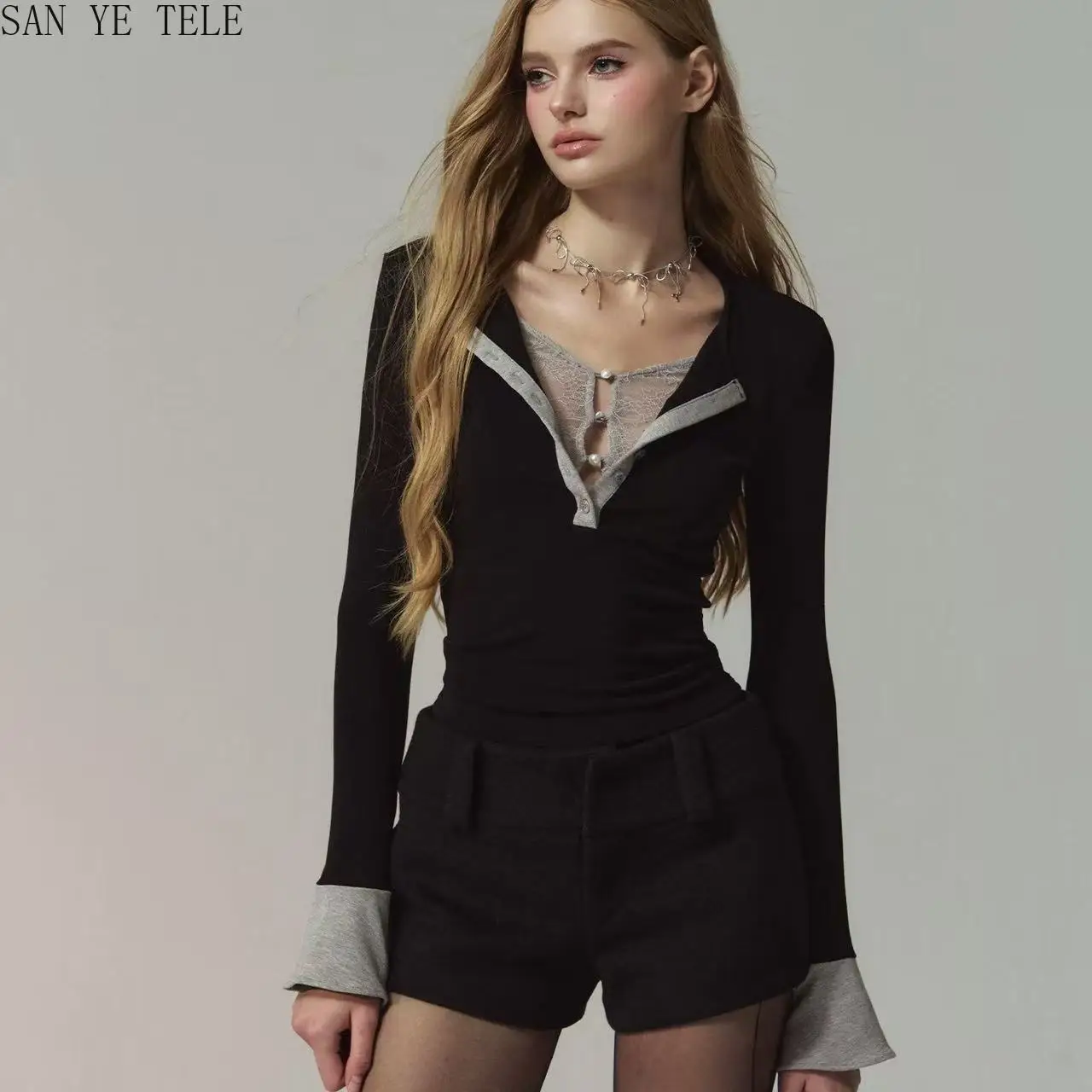 

Lace Fake Two-piece Splicing T-shirt Women's Spring Autumn Long Sleeve Base Shirt Vintage Y2k Slim V-neck Spicy Girl Tops