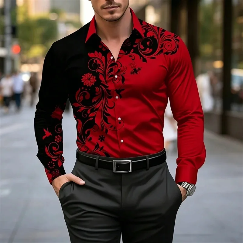 2026 New Men's Contrasting Floral Shirt Casual Wind Blue Black Splicing Printed Long Sleeved Shirt Outdoor Daily Versatile Style