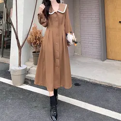 Solid Button Lace Doll Collar Long Sleeve A-line Skirt Elegant Fashion Harajuku Female Clothes Loose Casual All Match Dresses
