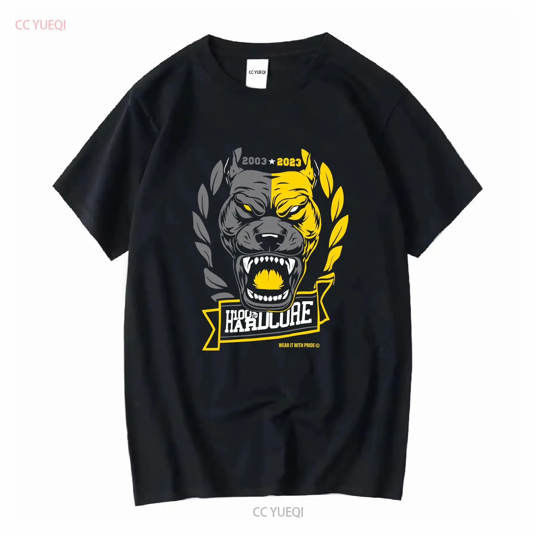 T-shirt 100 HARDCORE Men's Pride Dog noir 305424050 Gabber vintage délavé polyvalent unisexe streetwear décontracté respirant