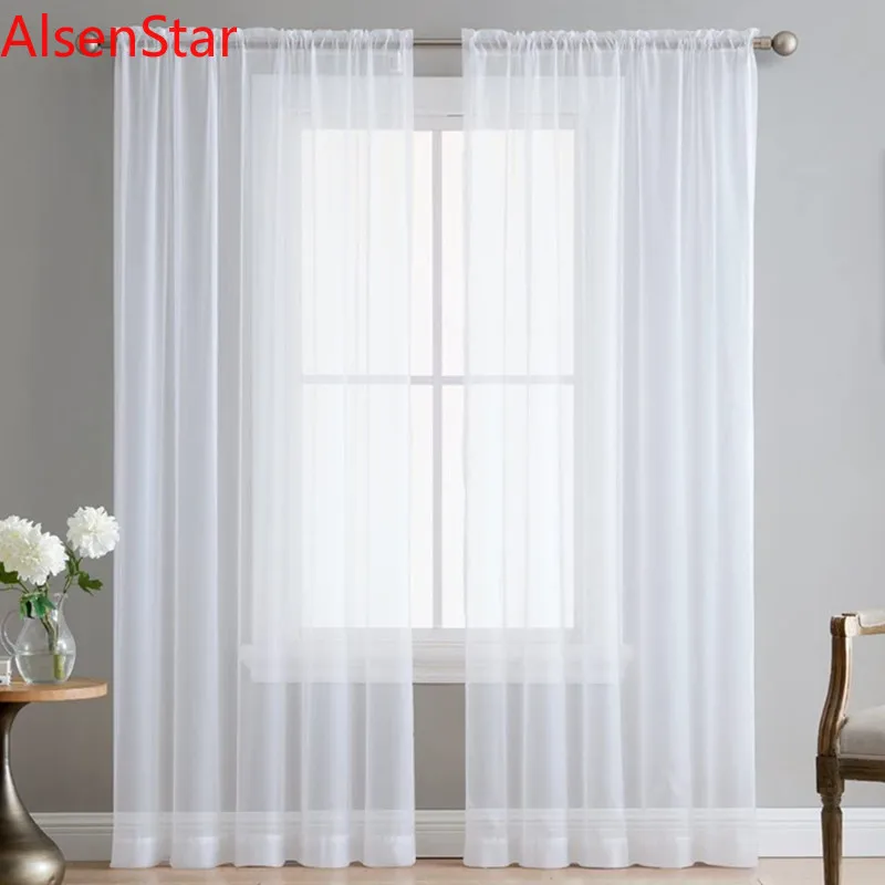 2Pcs Tulle Curtains Pastoral Style Solid Color Sheer Voile Wear Rod Curtains Window Screen for Balcony Living Room Bedroom