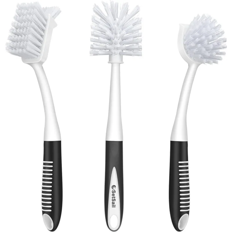 Dish Brush Set of 3 with Bottle Brush, Dish Scrub Brush with Long Handle Deep Cleaning Handle Brush with Scraper Tip for Kitchen Sink Dishes Bottle Cup Pot and Pans Tile Lines, Black