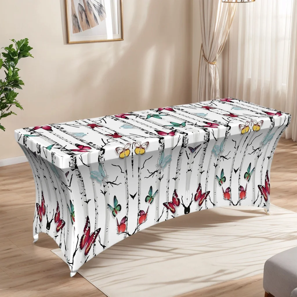 1pc All-inclusive tablecloth,Birch Tree and Colorful Butterfly Stretch Table Cover,Suitable for kitchen parties