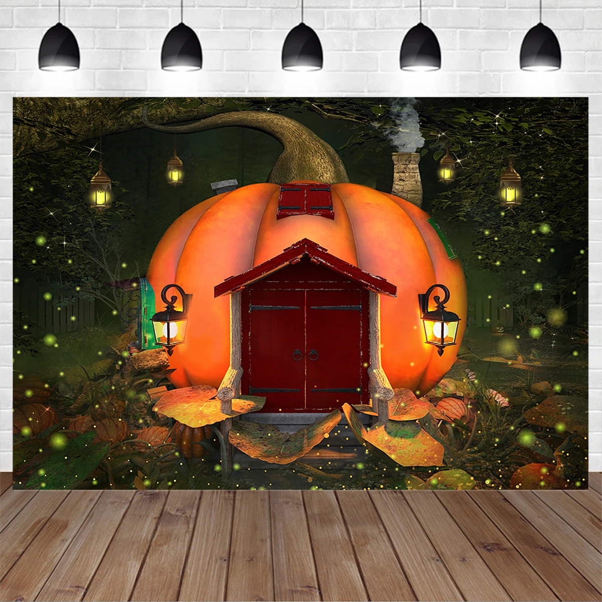 Autumn Fairy Tale Studio Photography Backdrop Giant Pumpkin House Firefly Forest Background Baby Kid Birthday Photo Cake Smash