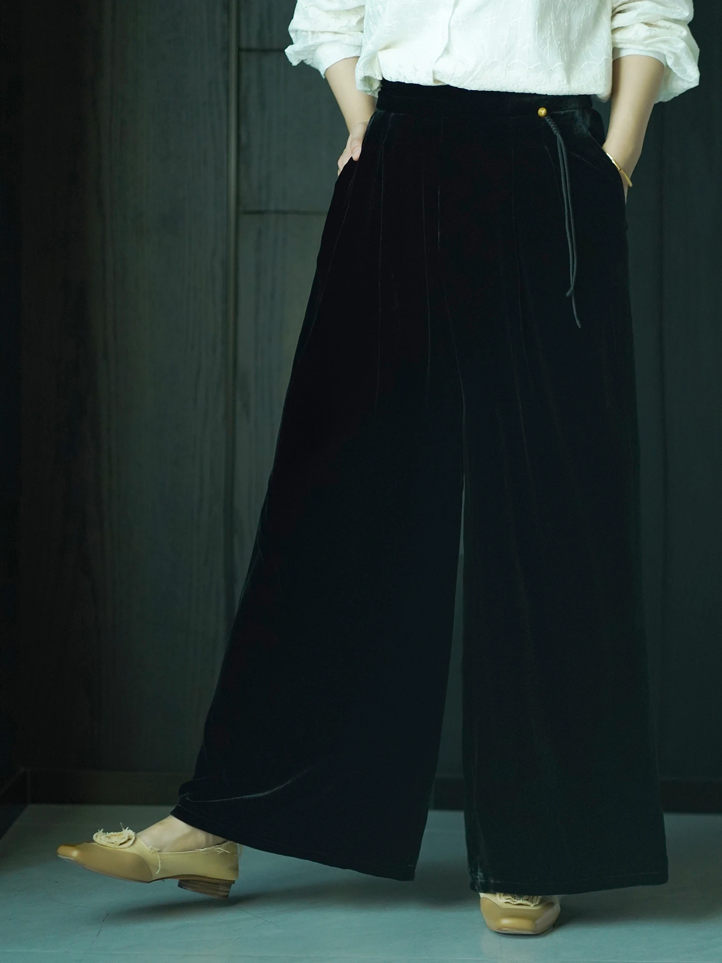 

New Chinese Sle Silk Velvet Wide Leg Pants Women's Casual Straight Tube Pants Autumn Winter Thiened High Waist Zipper