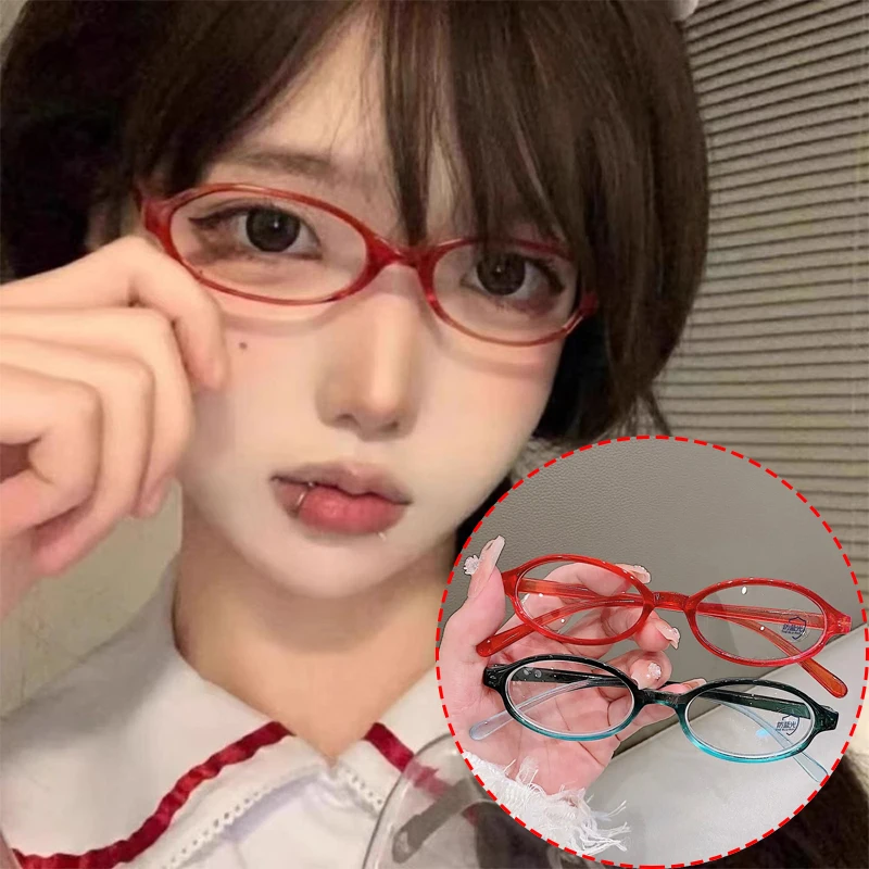 Y2K Women Retro Oval Square Glasses Red Green Frame Glass Eyewear Decorative Computer Anti-blue Eyeglasses with Seaside Driving