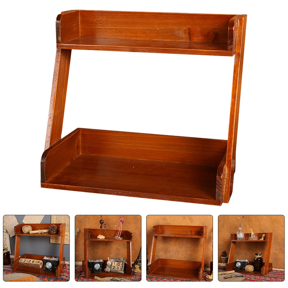 

Modern Wooden Desktop Storage Rack Organizer Layered Design For Office Home Kitchen Skincare Cup Pen Holder Space-Saving Desk