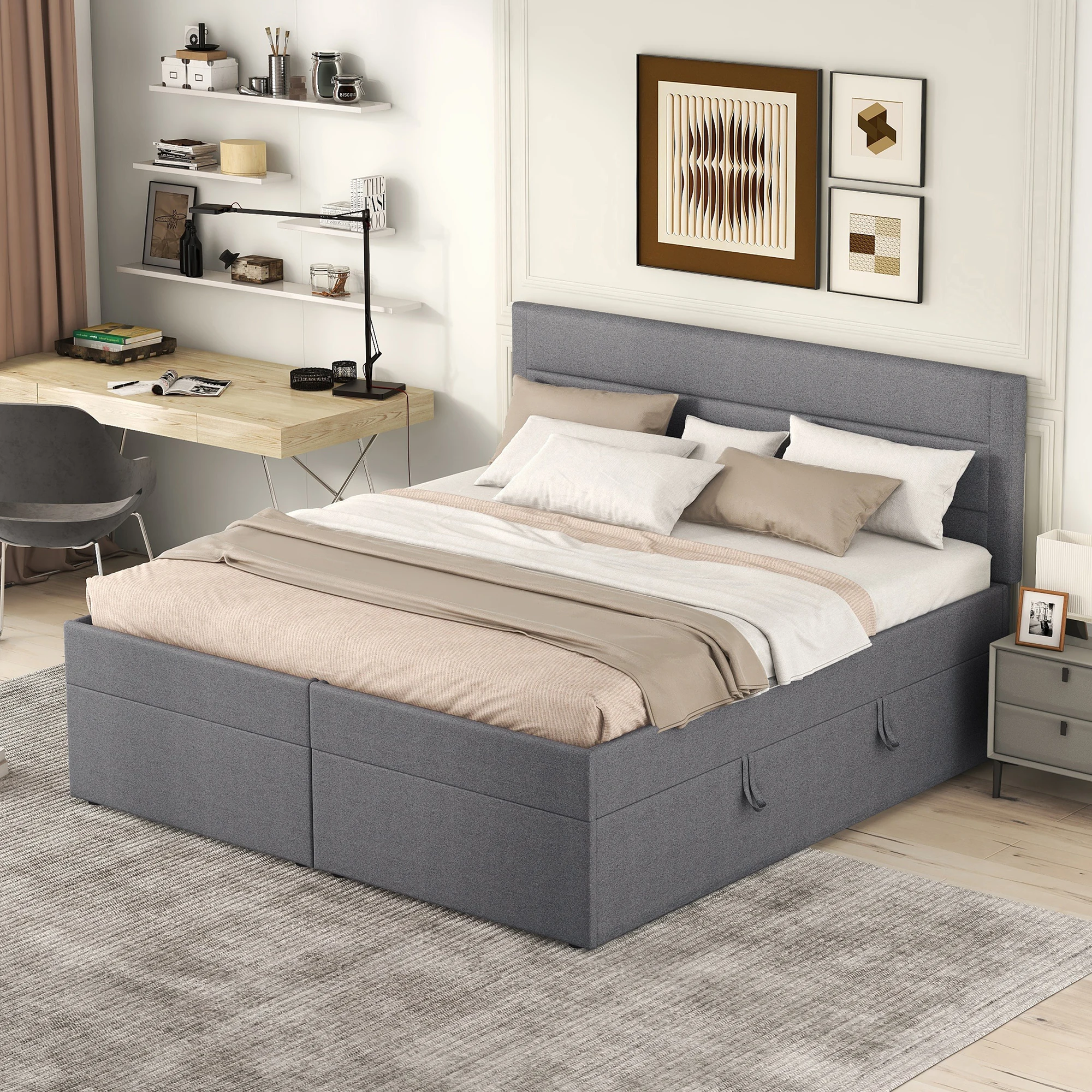 Upholstered Bed, Double Bed With Slatted Frame Made Of Metal Frame, Large Storage Space, Can Be Opened On Both Sides, 200x140cm