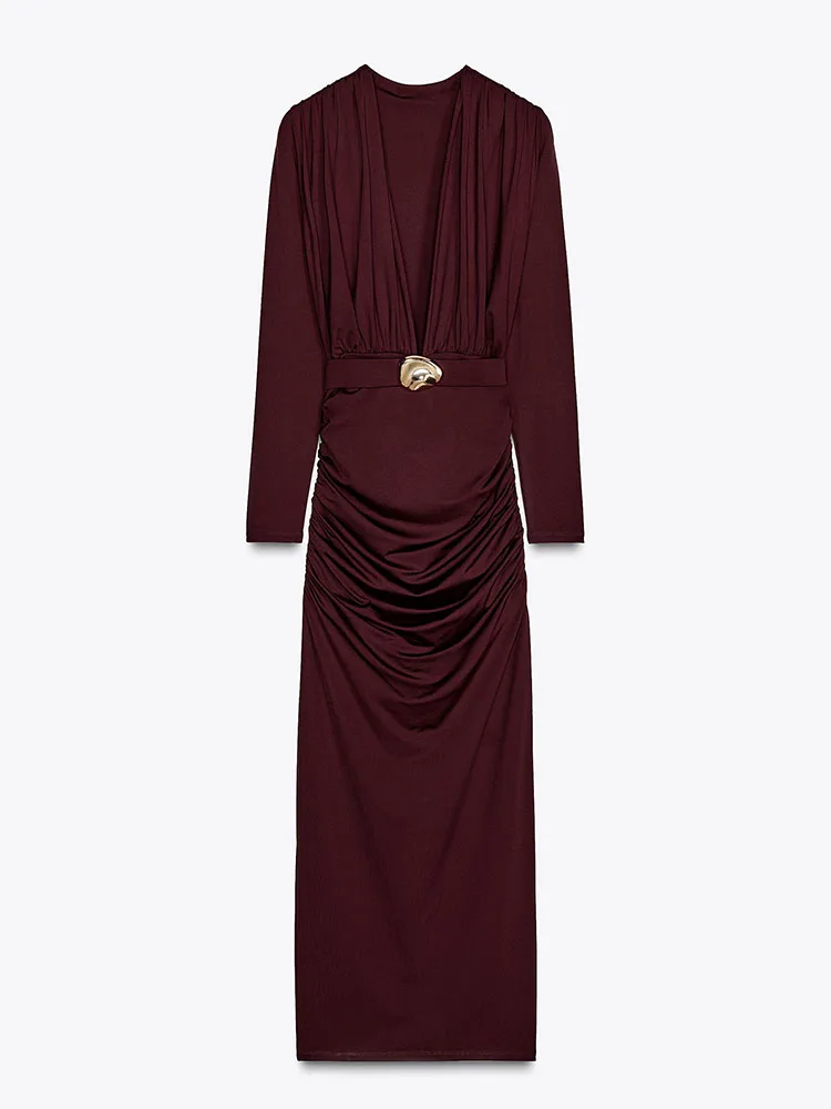 エレガントな長袖ラウンドネックガウン春の新作レディースファッションプリーツベルト付きドレス通勤スタイルハイウエストスカート