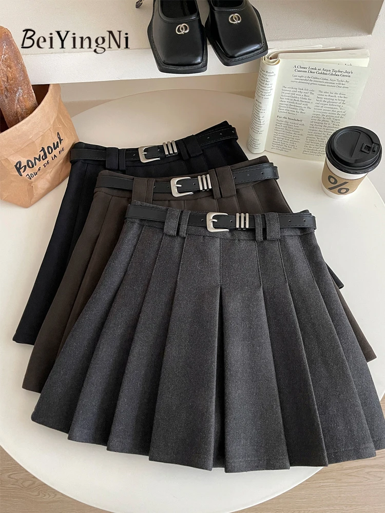 

Beiyingni Autumn Winter High Waist Pleated Skirts Women With Belt Woolen Vintage Kpop Mini Skirt Female