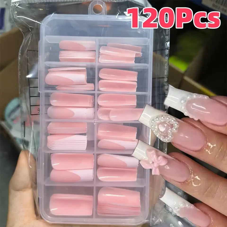120 piezas de uñas postizas francesas mate rosas, 12 tallas, largas cuadradas, tips de uñas para mujer, para boda y uso diario
