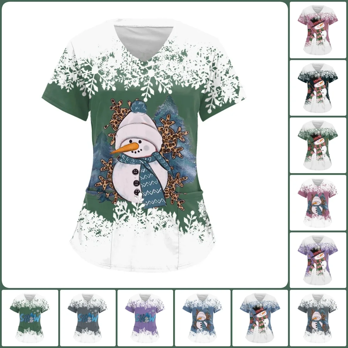 

Christmas women's work clothes shirt short sleeved V-neck T-shirt nursing clothes nurse waist cinching coat