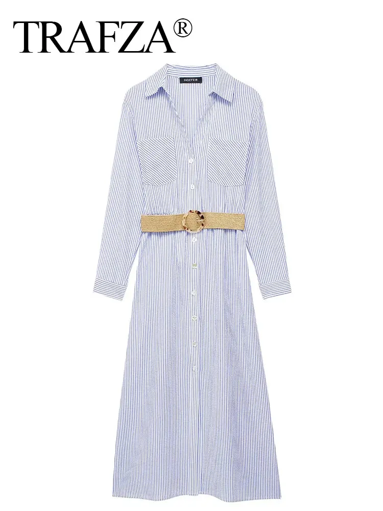 TRAFZA Blue Striped Shirt Dress Women Belt Long Sleeve Midi Dresses Summer Casual Long Dress 2024 Women Elegant Dresses