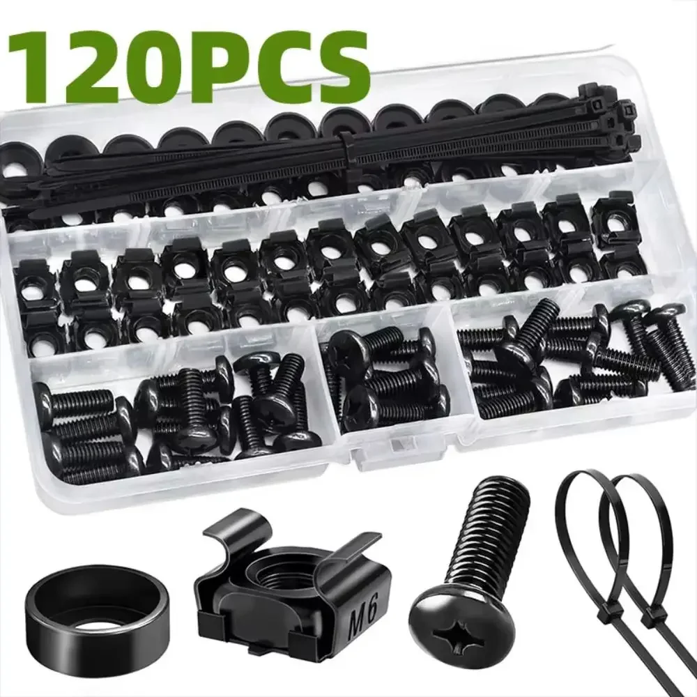 120pcs M6x16mm M6 Cage Screw Nut Washer Set Fasteners Hardware Rack Mount Screws Kit Assortment Self-Locking