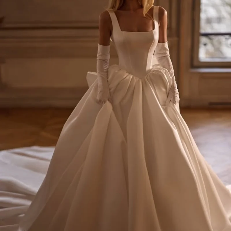 

Satin White Wedding Dresses off-shoulder A skirt glitter decal Bow Gowns Made wedding dress Customized