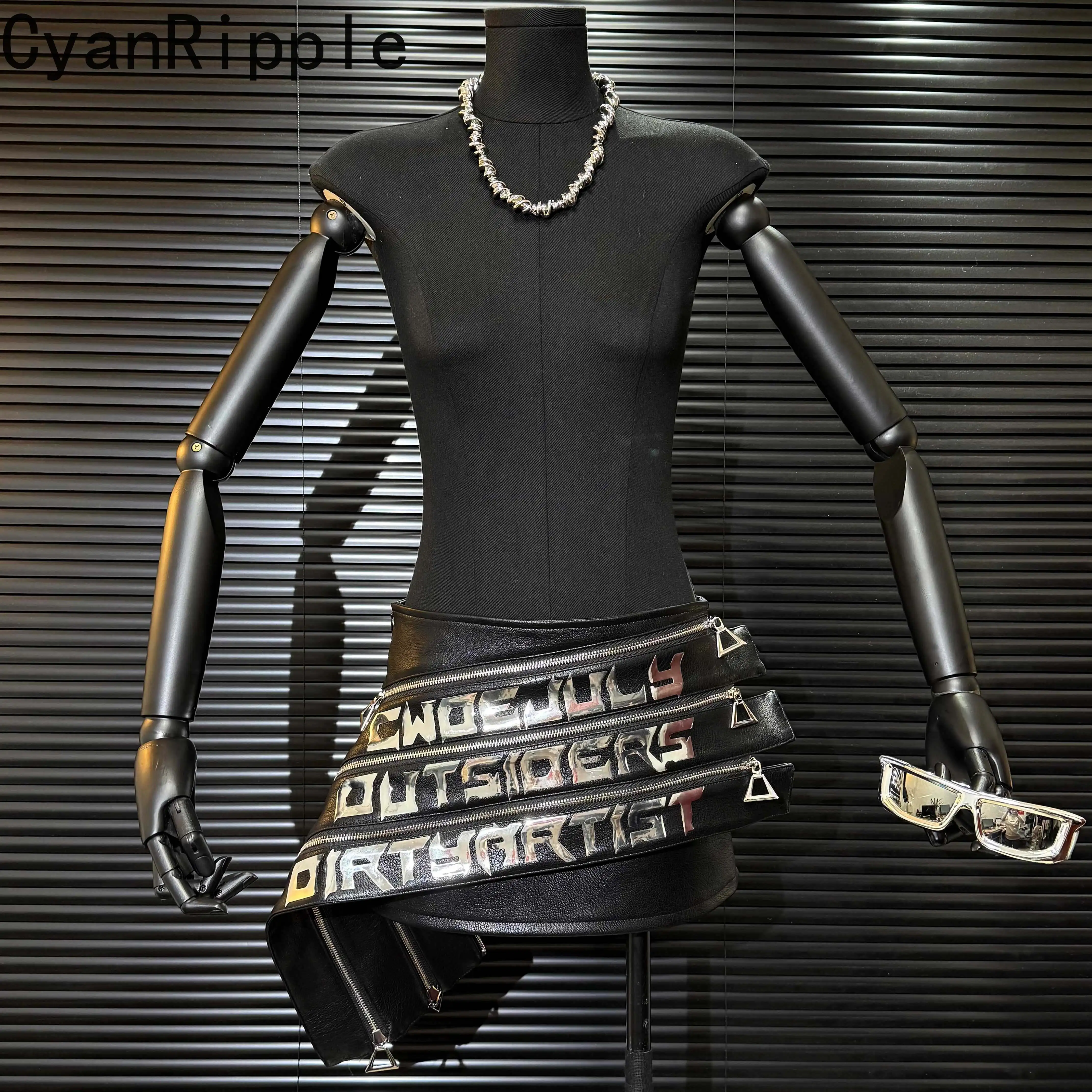 American High Street Spice Girls Punk Irregular Short Skirt New Spring Autumn Detachable Silver Letters Women PU Leather Skirts