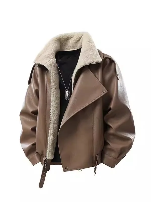 

American Retro Biker Jaet Men's Autumn Winter New Loose Collar Thiened Warmth Outerwear Casual Sle Zipper Decoration