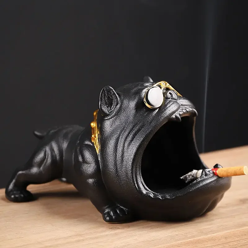 Creative Matte Black Ceramic Ashtray Cartoon Animal Big Mouth Dog Ashtray Windproof Car Desktop Storage Box Birthday Gift Decor