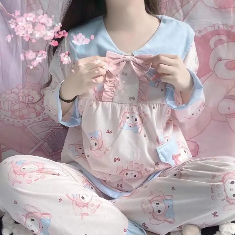

Sanrio, новый стильный студенческий пижамный комплект, милая мелодия, хлопковый комплект с длинными рукавами для девочек, сексуальный летний модный комплект, милая домашняя одежда для девочек