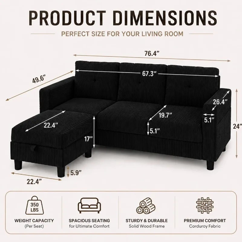 Convertible Sectional Sofa with Storage Ottoman, 77” L-Shaped 3-Seat Couch with Skin-Friendly Corduroy Fabric, Reversible Small