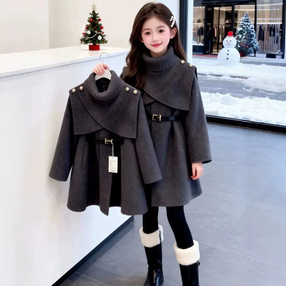Girls Coat 2026 Spring Autumn Winter New Girls Temperament Wool Outerwear Long Sleeve Knitted Collar Coat