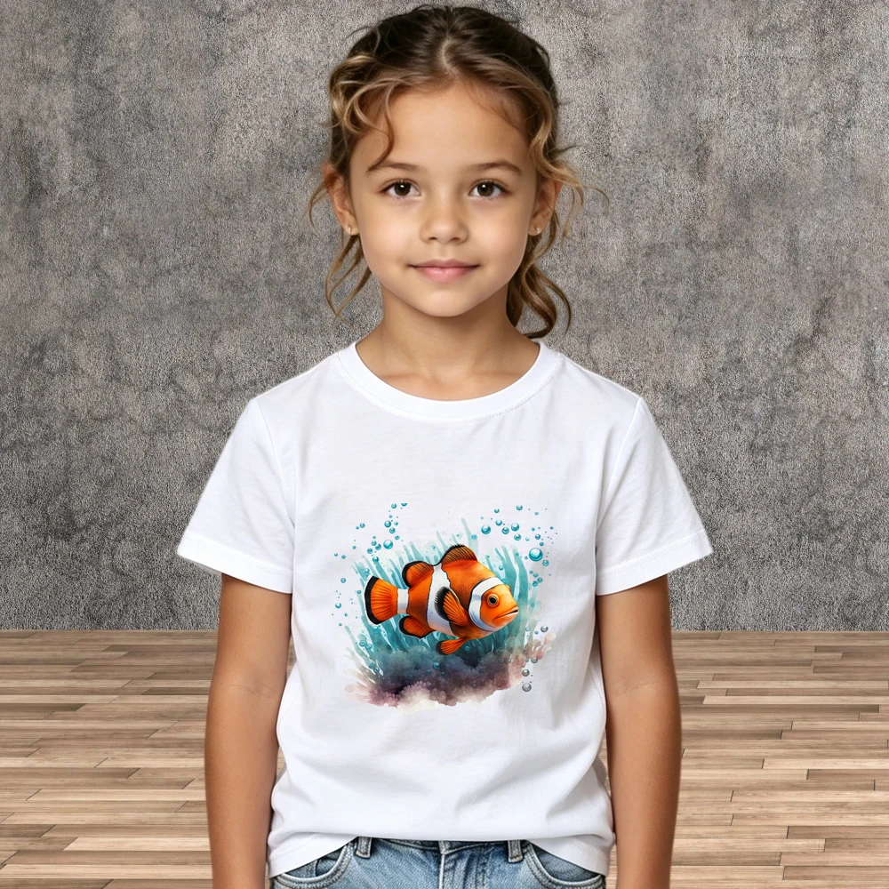 Kids Short Sleeve T-Shirt Summer Boys Girls Clown Fish Print Ocean Animal Casual Tops