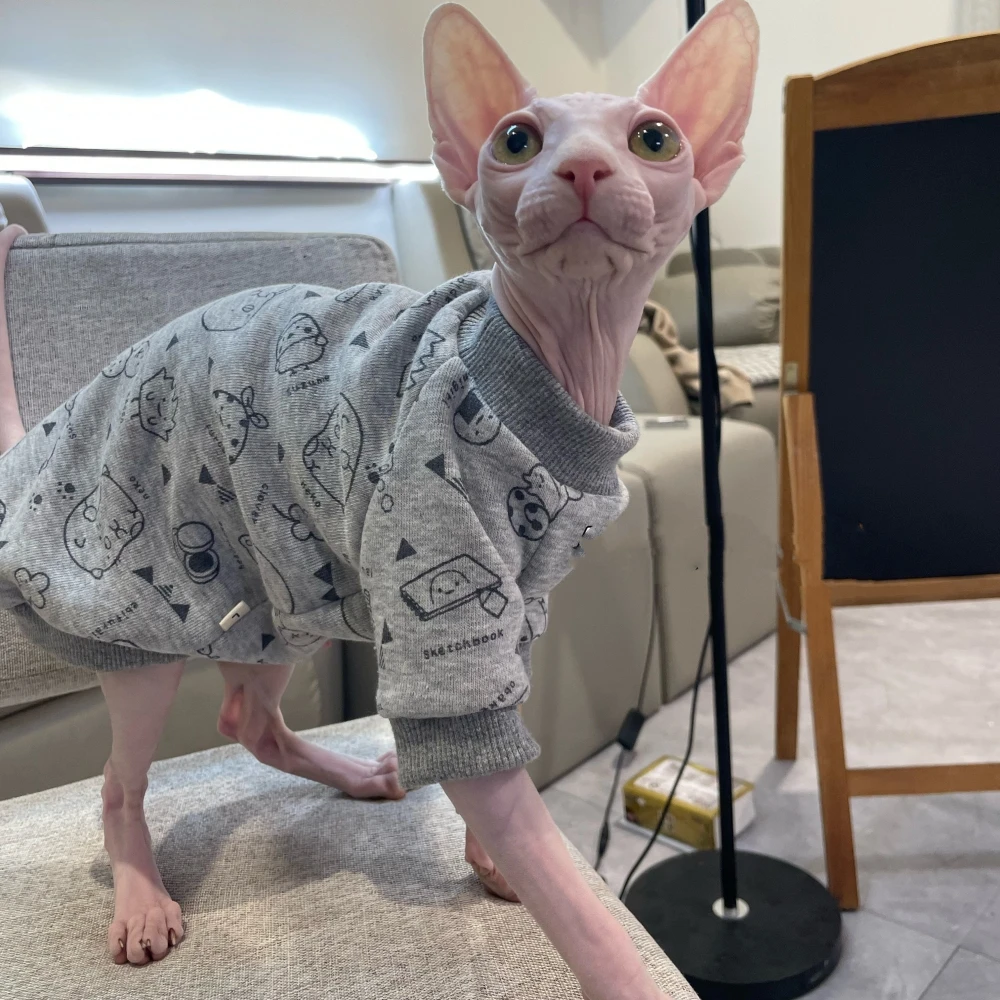 Warm Coat for Sphynx Cat in Winter Soft Grey Cartoon Sweatshirt for Kittens Dogs Cute Jumpsuit Spring for Devon Rex Cat Supplies