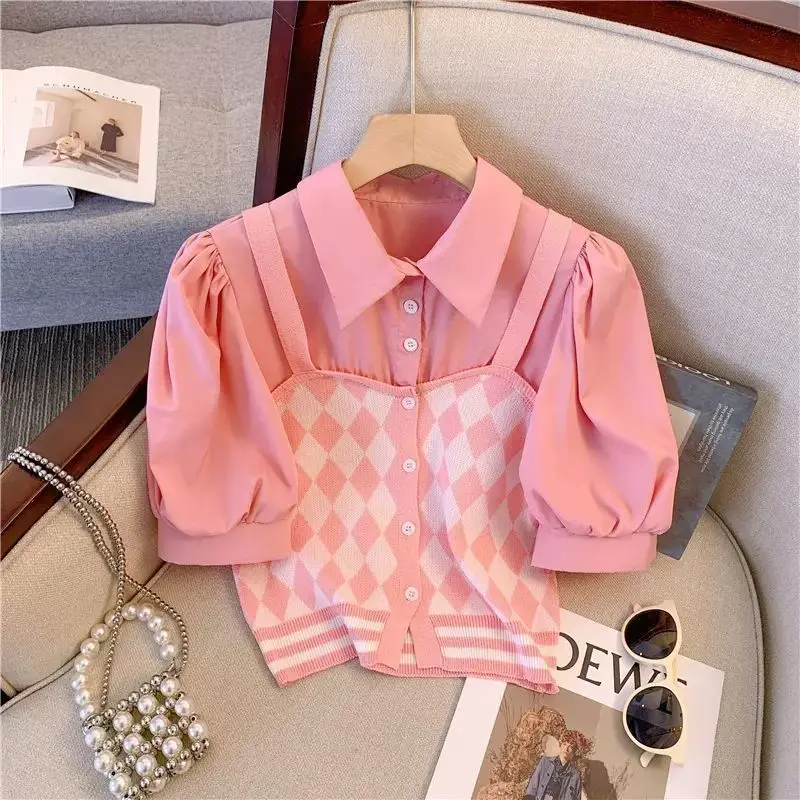 EBAIHUI Summer Fake Two-piece Women Short Sleeved Shirt Summer Short Puff Sleeve Ladies Blouse Korean Casual Lapel Neck Top 2024