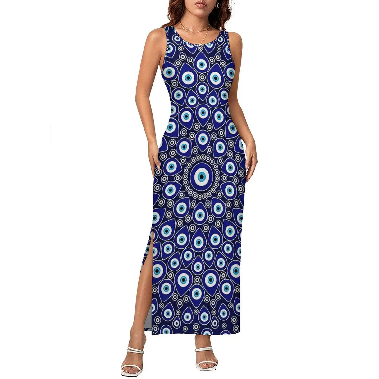 Evil Eye Print Bodycon Dress Verão Nazar Eye Circular Trendy Maxi Vestidos Mulher Sem Mangas Personalizado Estilo de Rua Vestido Tamanho Grande
