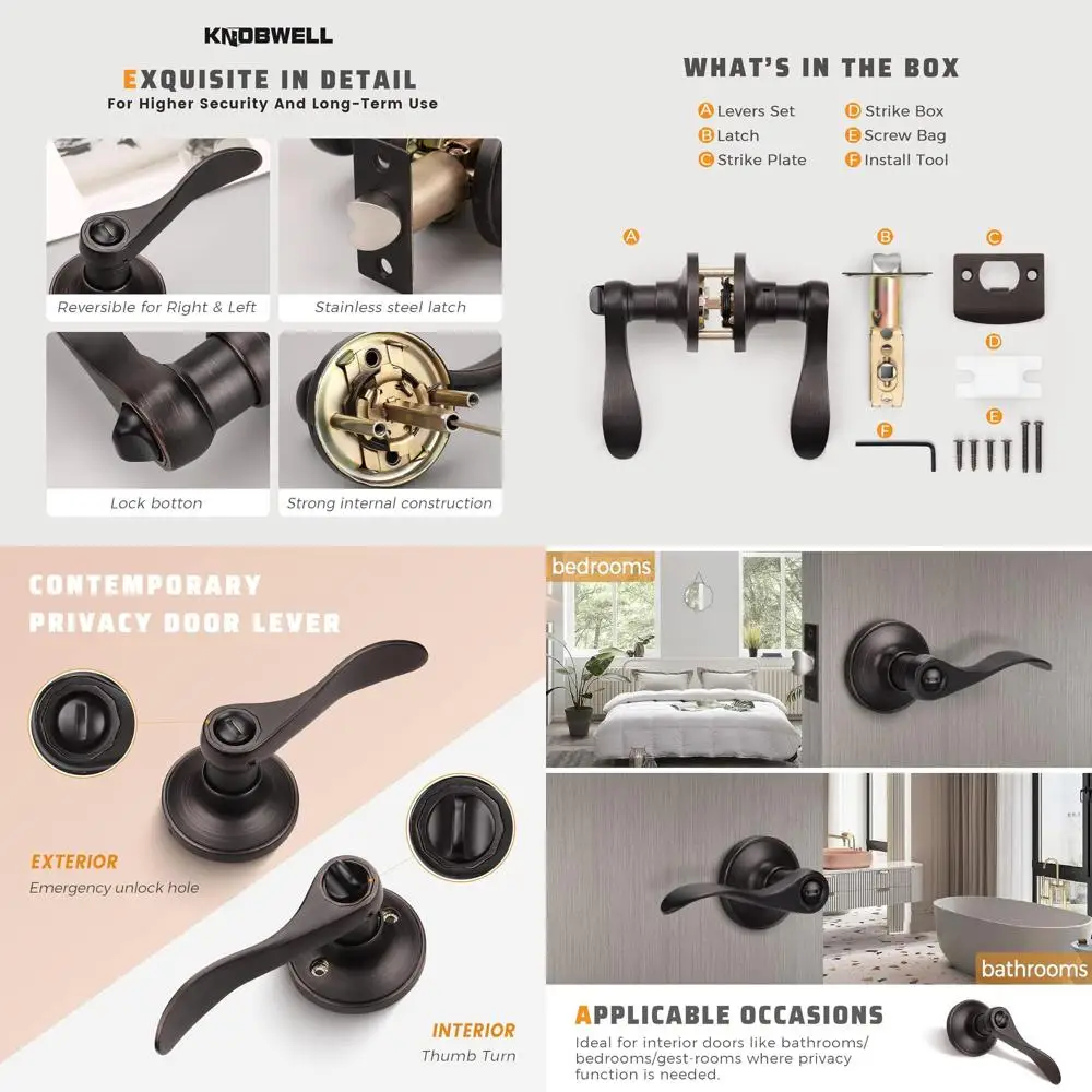 

Комплект из 6 бронзовых дверных ручек с рычагом конфиденциальности и замком, без ключа для дверей спальни/ванной комнаты