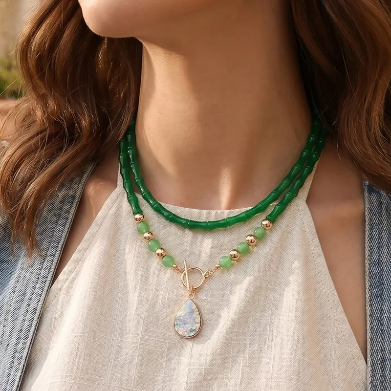 Collar de Gargantilla Retro con Cuentas de Bambú Verde para Mujer, Collares con Colgante de Gota de Agua Brillante Vintage, Joyería Estética Y2K, Regalo