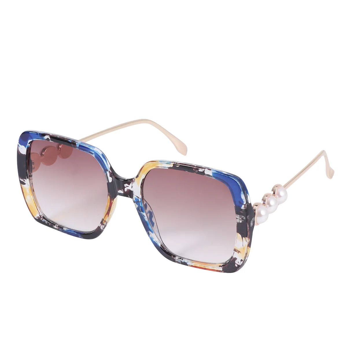 

Blue Floral Frame Sunglasses Tea Lens Uv Protection Pearl Decorated Plastic Women Outdoor Shades Fashionable Sun Glasses
