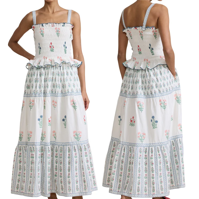 A83F-Vestido bohemio de verano para mujer, vestido con hombros descubiertos Y2k, vestido largo fluido con volantes y volantes, vestido veraniego para playa y vocación
