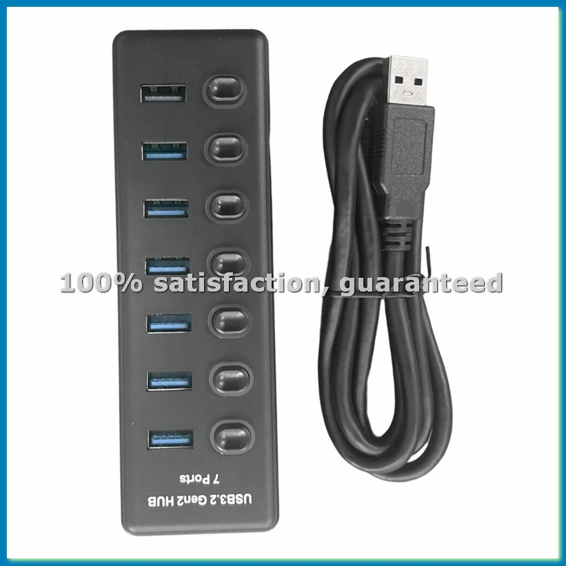 

7-портовый USB-концентратор USB3.2 Gen2, 10 Гбит/с, USB 3.0, с индивидуальным переключателем, светодиодным индикатором и адаптером питания, вилка стандарта США - ABHG