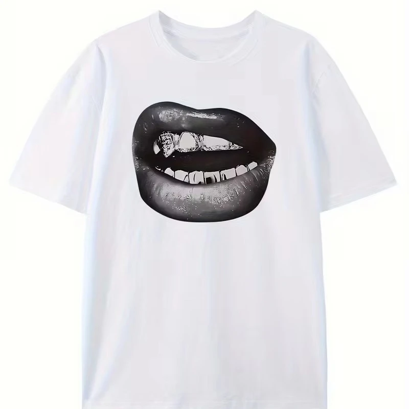 Lip Pattern Printed T-shirt Men Women Unisex Casual and Trendy,Oversize Casual T-shirt Travel Daily Streetwear Hip Hop Vintage