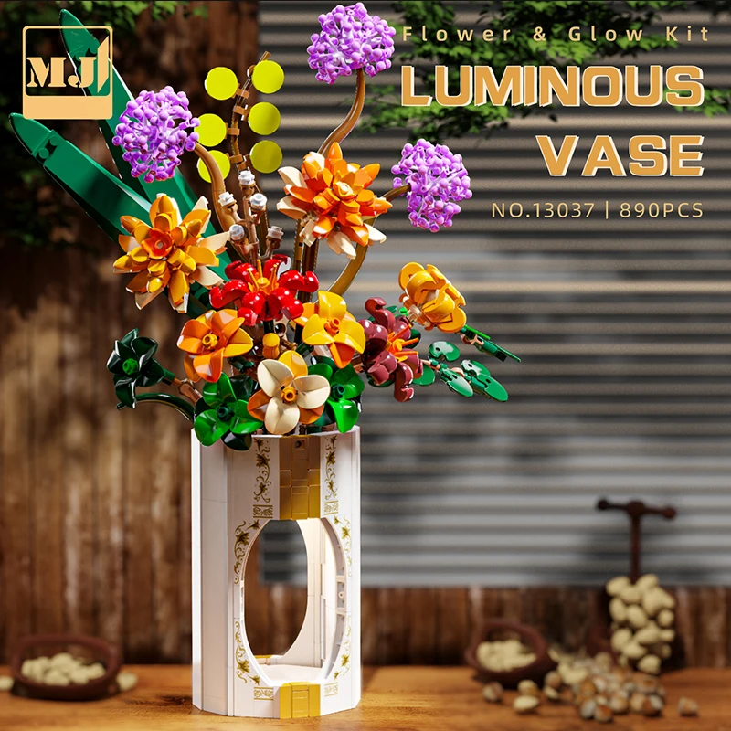 890 قطعة باقة الربيع اللبنات باقة ديزي زهرة نموذج الطوب مع ضوء سطح المكتب الديكور الاطفال لتقوم بها بنفسك اللعب هدية عيد
