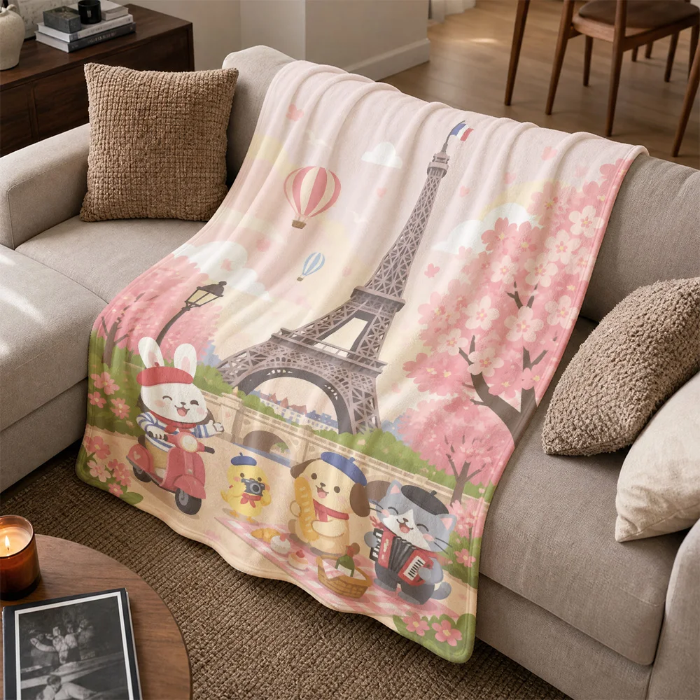 Cute Parisian Eiffel Tower Throw Blanket for Sofa Couch Spring Floral Design Anime Character Cozy Winter Decor Gift Home Accent