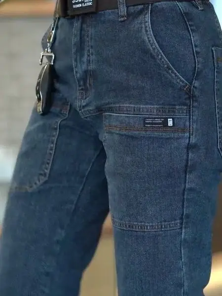 2026 New Men's Elastic Denim Jeans Casual Workwear Six Pocket Durable Cotton Polyester Blend mid Waist Straight Leg Trousers