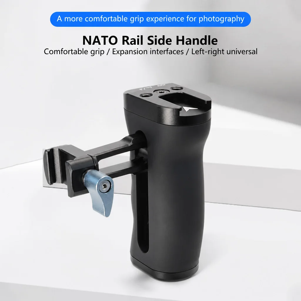 Universeller 1/4-Zoll-Schraub-/NATO-Schienen-Seitengriff aus Aluminium für Kamerakäfige mit Cold-Shoe-Halterung für DJI Ronin Gimbal Stabilisatoren – Detail 3