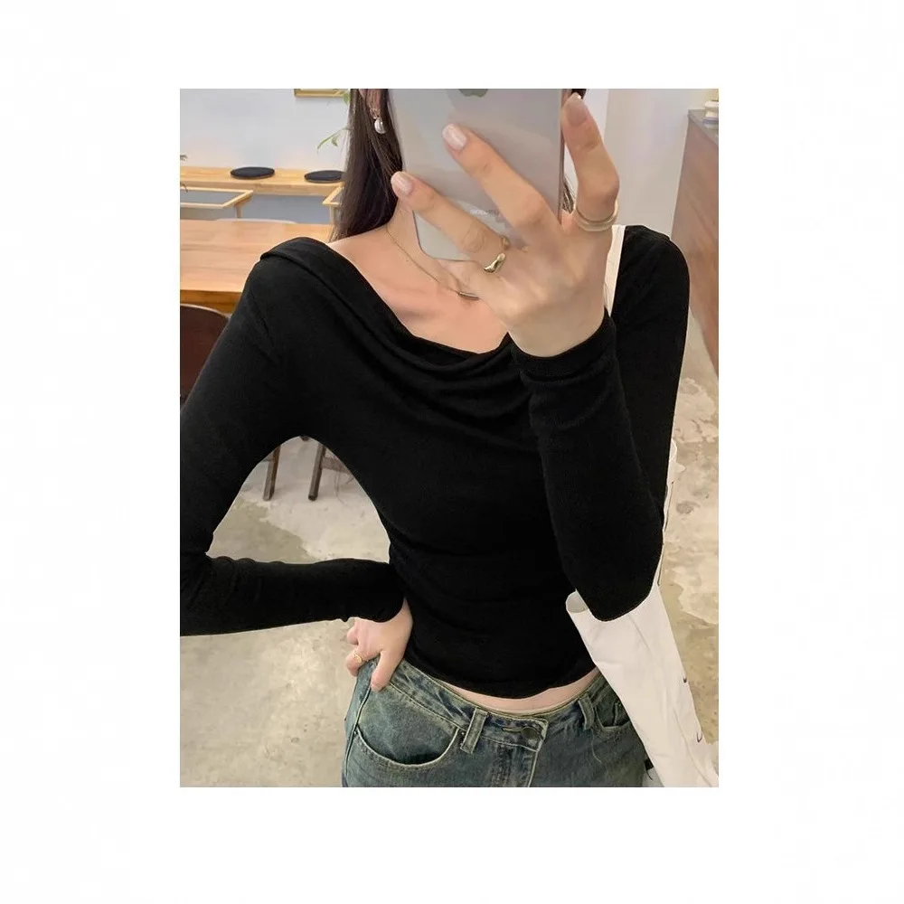 New Arrival Beautiful One-Shoulder Long-Sleeve T-Shirt Women's Early Autumn Korean Style Slimming Heart-Minded Top