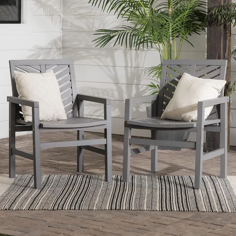 Chevron Wood Chair Set para pátio ao ar livre, para todos os tempos, construção de quintal, jardim, piscina varanda, cinza, conjunto de 2