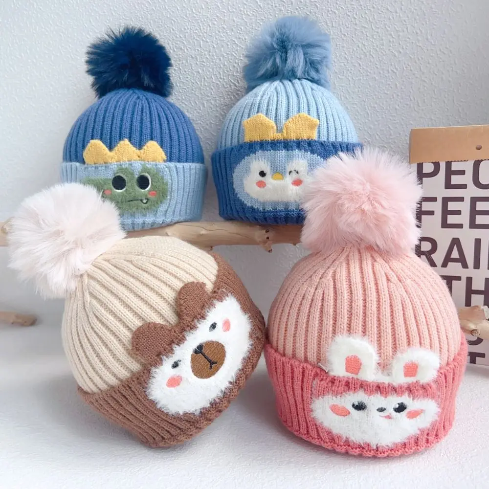 

Cutte Cartoon Knitted Pompon Hat Thickened Windproof Winter Baby Hats Keep Warm Ear Protection Cap for Kids