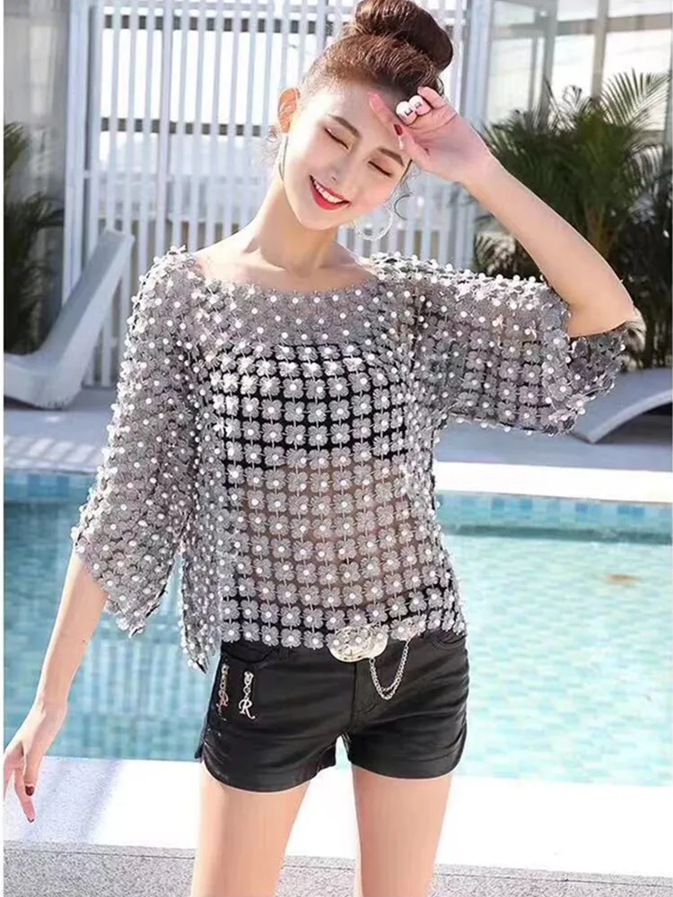 Embroidered Shirt Summer Suspender T-Shirts Lace Hollow Mesh Top Sexy Temperament Pullover Blouse