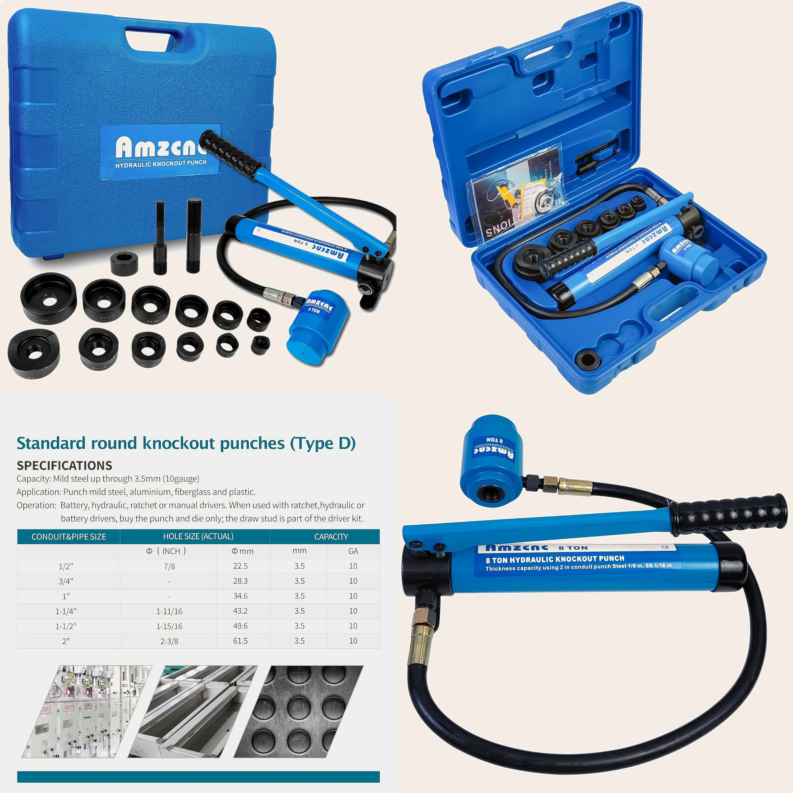 Hydraulic Knockout Punch Set 1/2 to 2 Inch Hole Cutter Kit Alloy Steel Dies