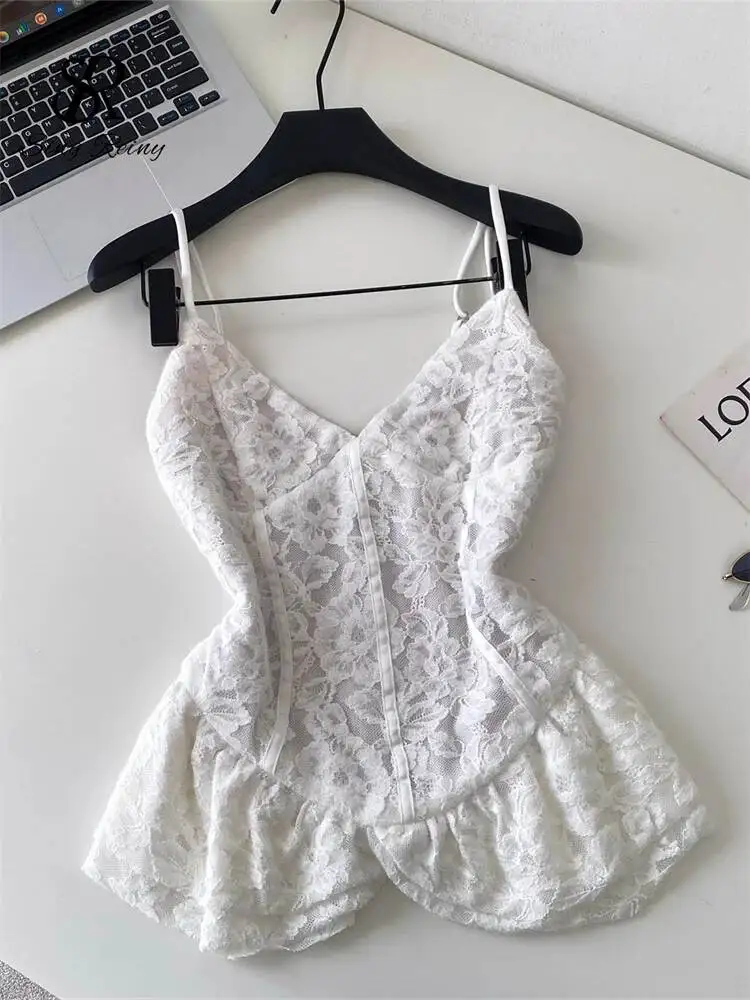 Korean Lace Tank Top Summer Women V Neck Sling Ruffle Hem Slim Versatile Top Clean Girl Office Lady Fashion Camis